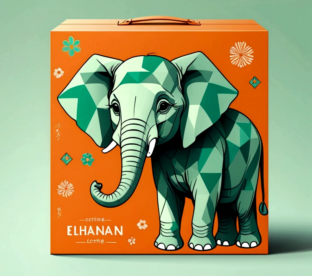 Beautifully designed flat rectangular gift box with handle, carrying handle, in the style of English checkered, geometric lines, minimalist, modern, high end, cute, color blocking, floral motifs, a logo of an adorable baby elephant, orange and light green, illustration, cartoon, geometric style, beautifully detailed, flat color vector design style, ...