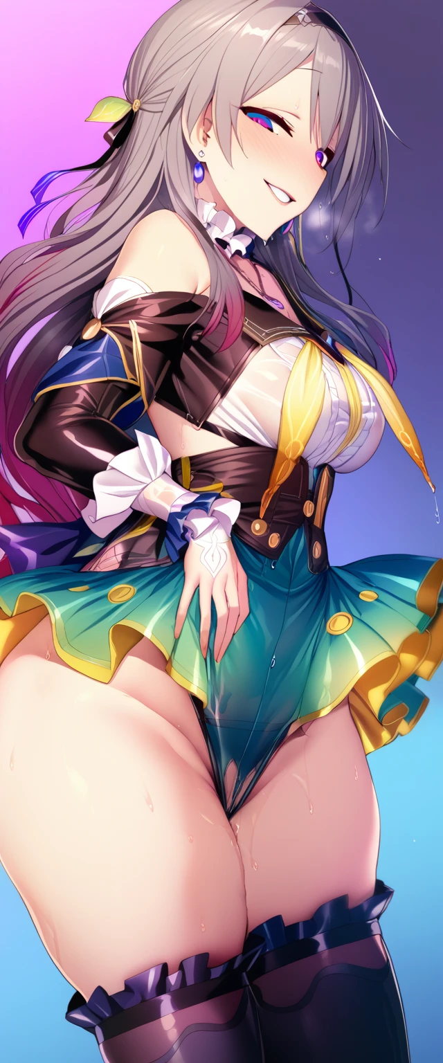 firefly \(honkai: star rail\), black thighhighs, hairband, gradient skirt, hair ornament, blouse, frilled collar, frilled boots, cropped jacket, yellow neckerchief,Mature content,masterpiece, best quality, 1girl, hairband, jewelry, bare shoulders, looking at viewer, blush, gloves, smile, collarbone, elbow gloves, necklace, long hair, earrings, solo focus, thighs, thighhighs ,sexy pose,brainwashed,sexual,sexy,crazy smile,corruption,hypnosis,Illustration,wet,liquid,(Satou Kuuki),huge clear eyes, clear and clean background