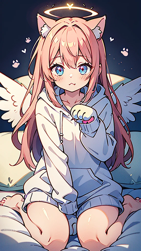 anime style,Angel shota,(((glowing Paw-shaped halo))),cat ears,pink long hair,white hoodie,angel wings,good night!,down on pillow,Faint lighting, hazy outlines,love you,