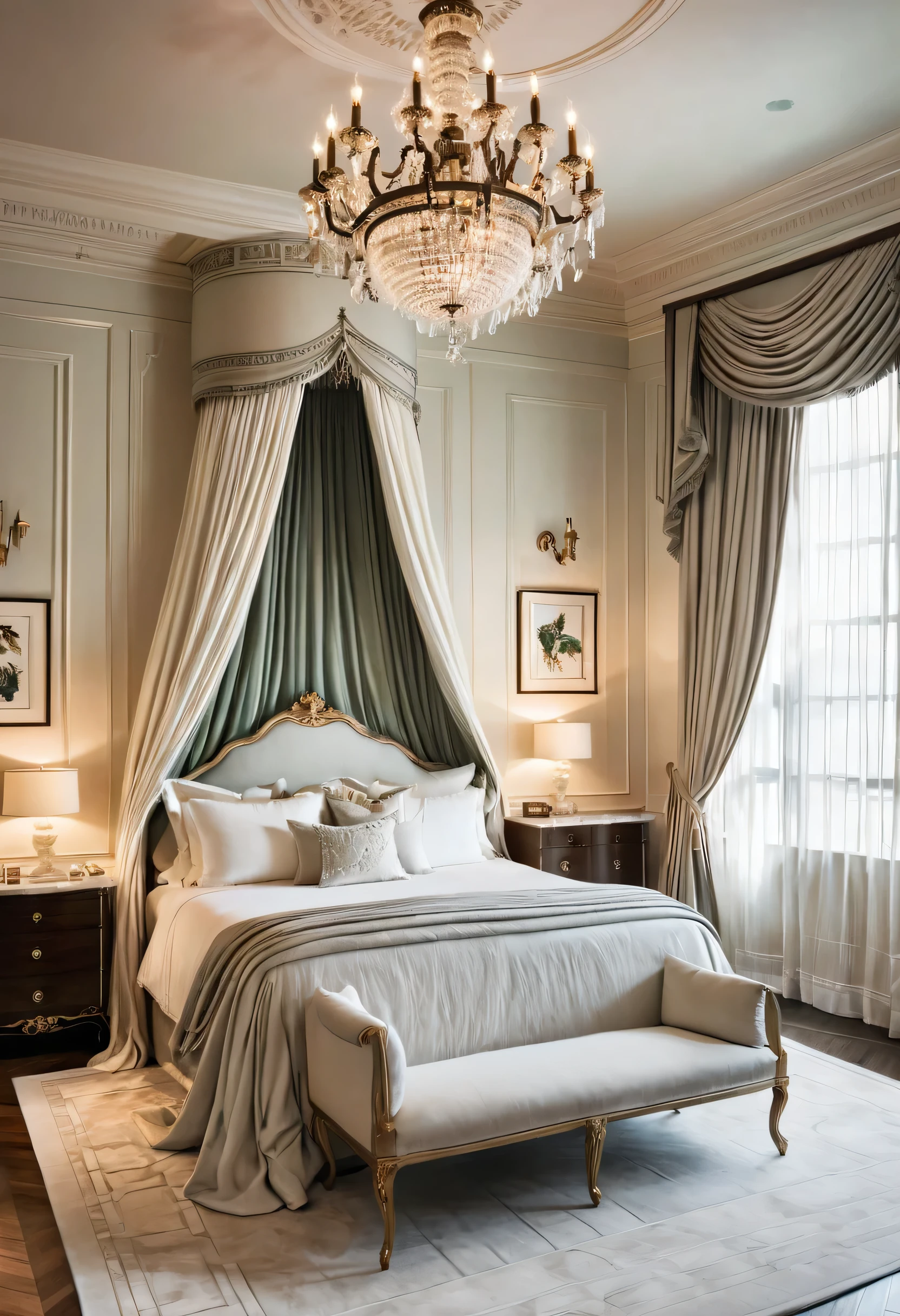 A luxurious bedroom, awash in a soft, ethereal glow, exudes an air of refined elegance. The grand bed, draped in plush linens and accented with a dramatic headboard, invites restful slumber. The intricate details of the room's design, from the ornate chandelier to the marble flooring, create a sense of timeless sophistication.