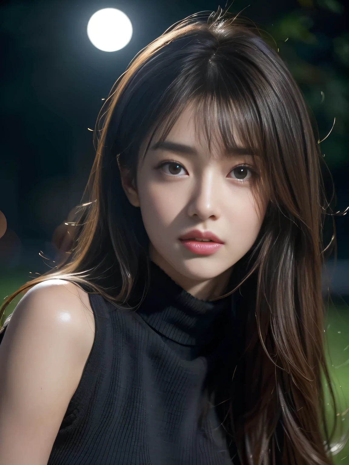 (Raw photo, Best Quality), (Realistic, Photorealsitic:1.4), masterpiece, extremely delicate and beautiful, Extremely detailed, 8k wallpaper, amazing, finely detail, extremely detailed CG Unity, hight resolution,(Moonlight, Park at midnight without lights), (Dark background), Sophisticated girl, black knit, loose clothes, hair messy, bangs, brown hair, modern, stylish,