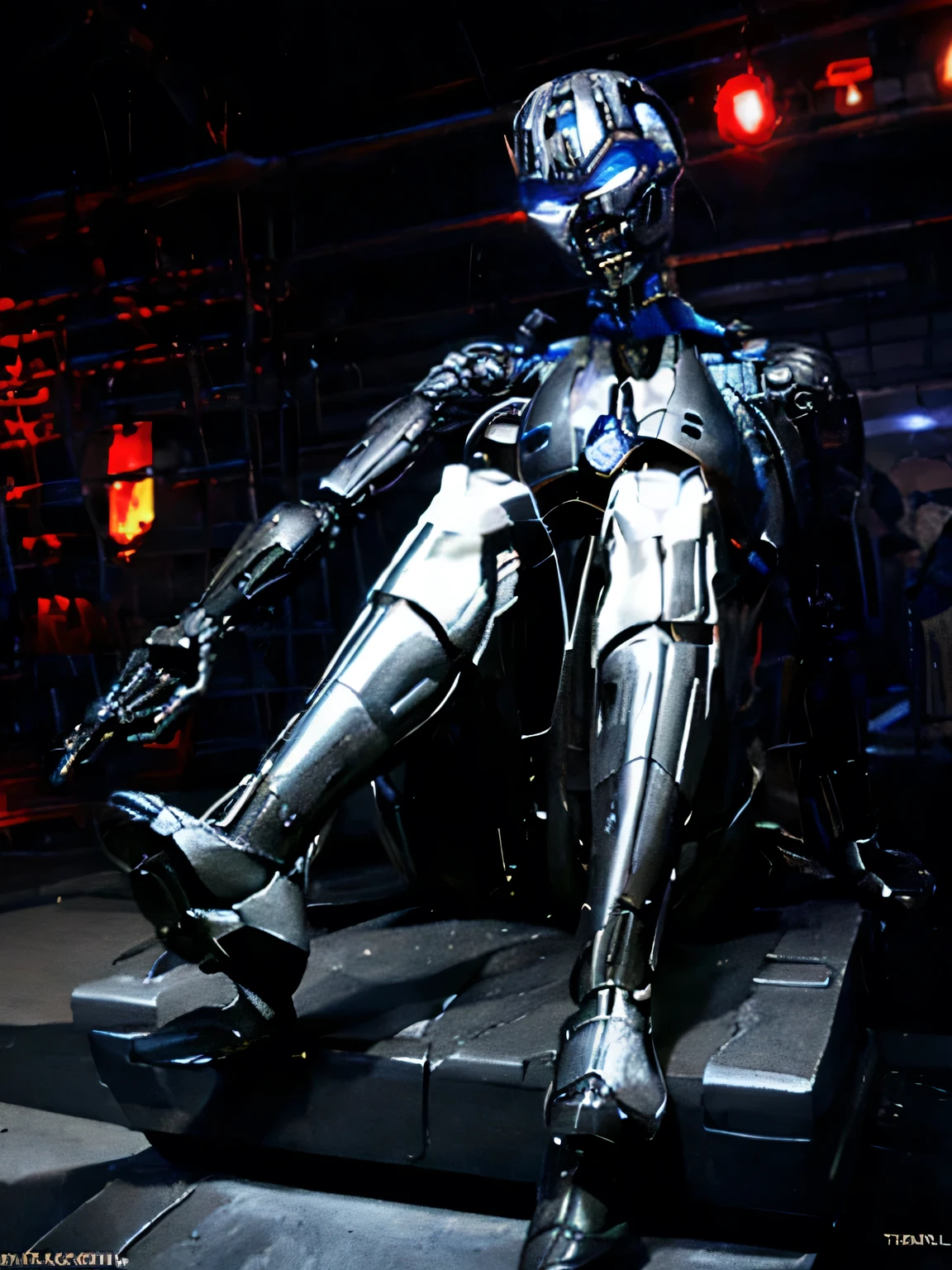 'terminator 3', 'terminator \(series\)', 'T-X', 'T-X(terminator)', 'endoskeleton', 'chrome metal', '(metal skin:1.4)', sitting on the stool with legs spread. 'sexy' '(glowing pupils:1.3)', 'blue pupils', '(robot joints:1.3)',
