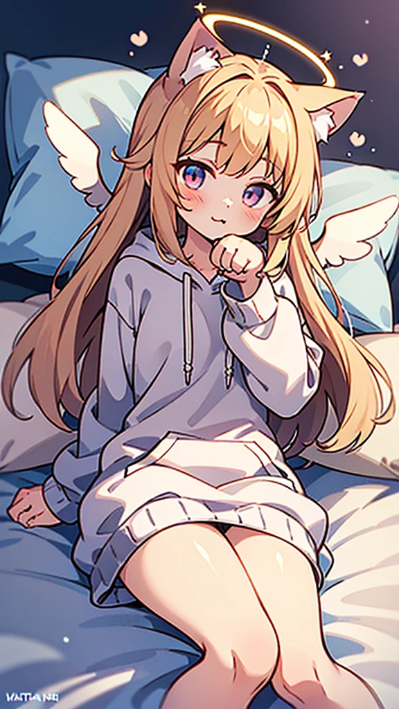 anime style,Angel shota,(((glowing Paw-shaped halo))),cat ears,pink long hair,white hoodie,angel wings,good night!,down on pillow,Faint lighting, hazy outlines,love you,