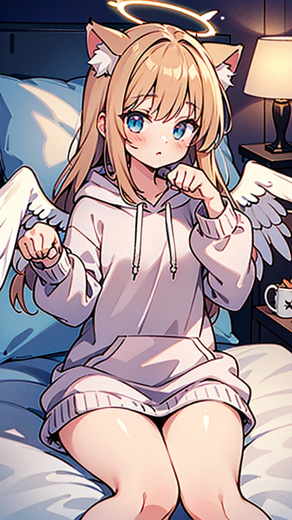anime style,Angel shota,(((glowing Paw-shaped halo))),cat ears,pink long hair,white hoodie,angel wings,good night!,down on pillow,Faint lighting, hazy outlines,love you,