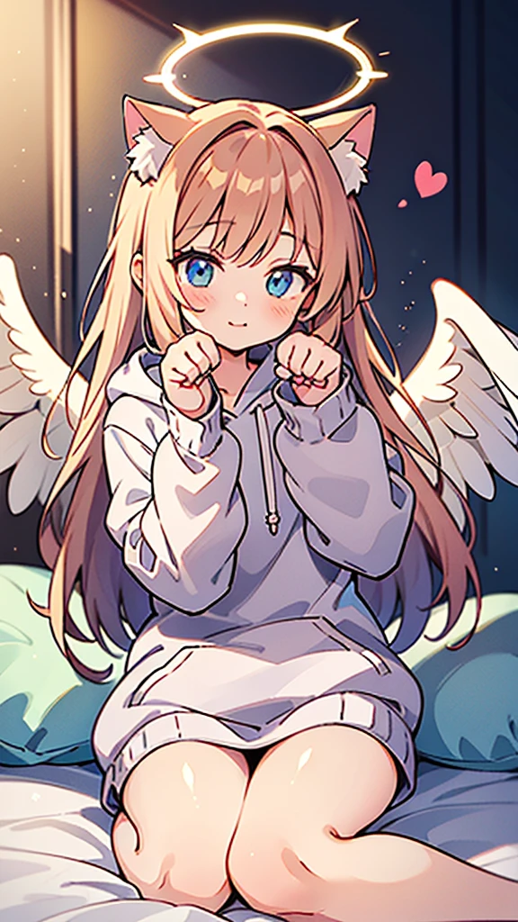anime style,Angel shota,(((glowing Paw-shaped halo))),cat ears,pink long hair,white hoodie,angel wings,good night!,down on pillow,Faint lighting, hazy outlines,love you,