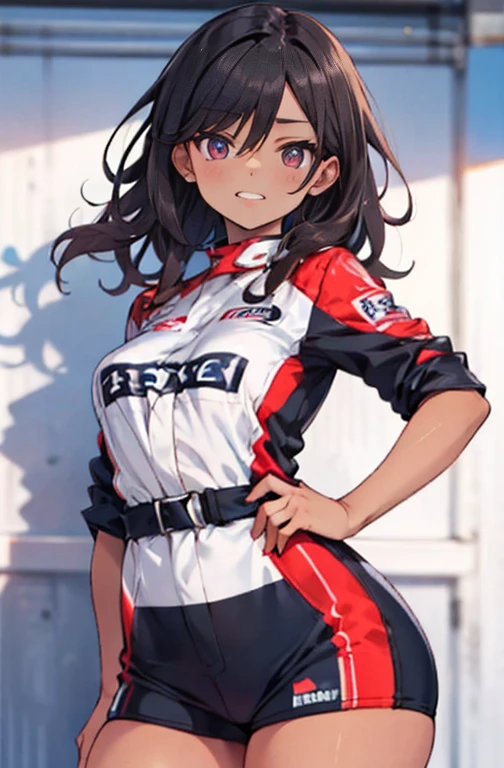 (work of art, best qualityer, hires, high resolution:1.2), (comely, Aesthetics, perfect, dainty, intricate:1.2), (Depth of field:1.2), (1 girl, standing alone), (mature woman), (darkskin, skin black, ebony:1.4), (a sexy racing driver leaning against the wall), (fleshy lips, Glossy lips), (shorth hair), (smiling), (racing driver uniform), (cowboy shot),