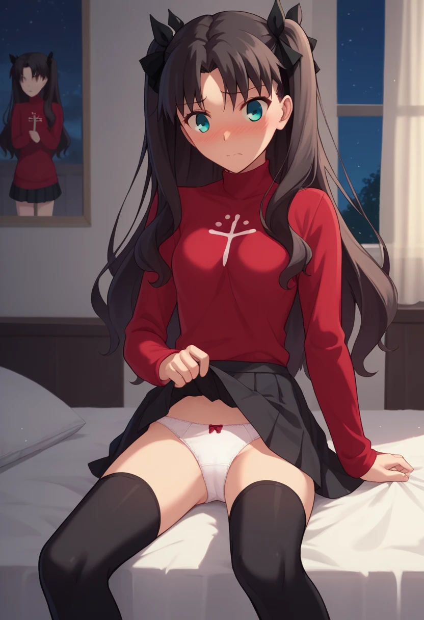score_9, score_8_up, score_7_up, source_anime,1girl, , cute, beautiful,young, Large four poster bed, bedroom,maroon silk sheets,a window with a night sky view, at night, nervous, nsfw, , hi-res, 8k, rin tohsaka, {aqua eyes, black hair, hair ribbon, long hair, ribbon, sidelocks, two side up, parted bangs,, black skirt, black thighhighs, long sleeves, miniskirt, pleated skirt, red sweater, skirt, sweater, thighhighs, turtleneck, blush, panties, skirt lift