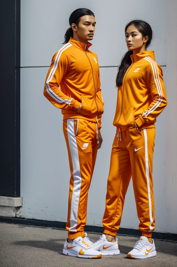 A stunning photograph dynamic pose featuring a  female  and male malay  muscular atheletes standing and wearing a same Olympic Nike sneaker,plaint color tracksuit  adorned with a Malaysian simple striking stripe  and geometric motifs ,gold,black,orange,yellow and white color, models have their hands tucked inside the tracksuit pockets,and they are gazing confidently at the camera.