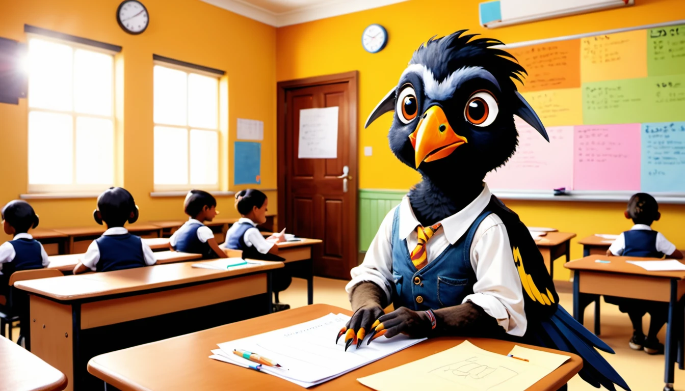 (photo film style), anthropomorphic, cute mynah bird, colorful , school classroom, getting advice from teacher, (((studying))), 2D, colorful, warm atmosphere, shiny, Jean-Baptiste Monge style, Alan Lee style