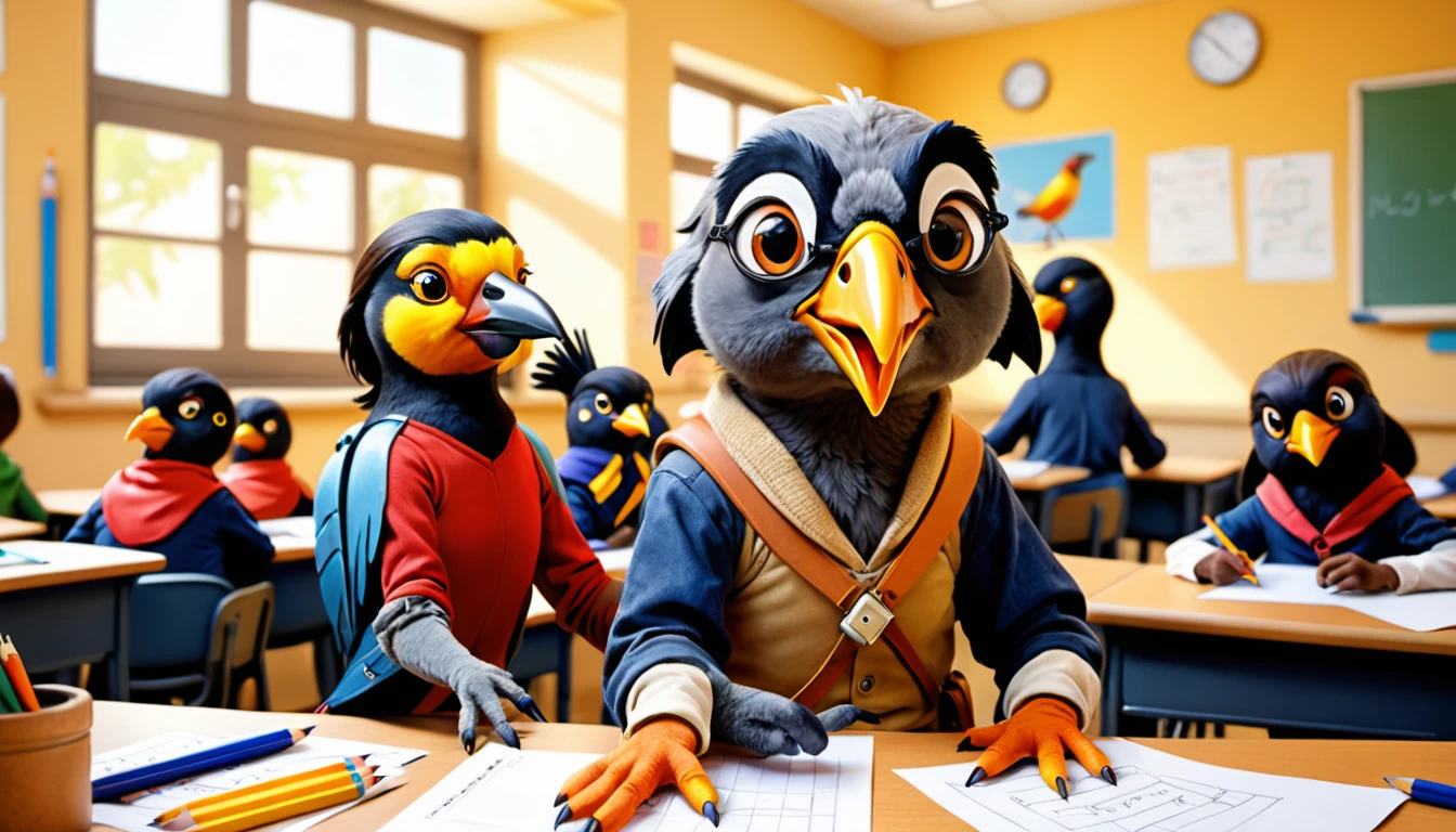 (photo film style), anthropomorphic, cute mynah bird, colorful , school classroom, getting advice from teacher, (((studying))), 2D, colorful, warm atmosphere, shiny, Jean-Baptiste Monge style, Alan Lee style