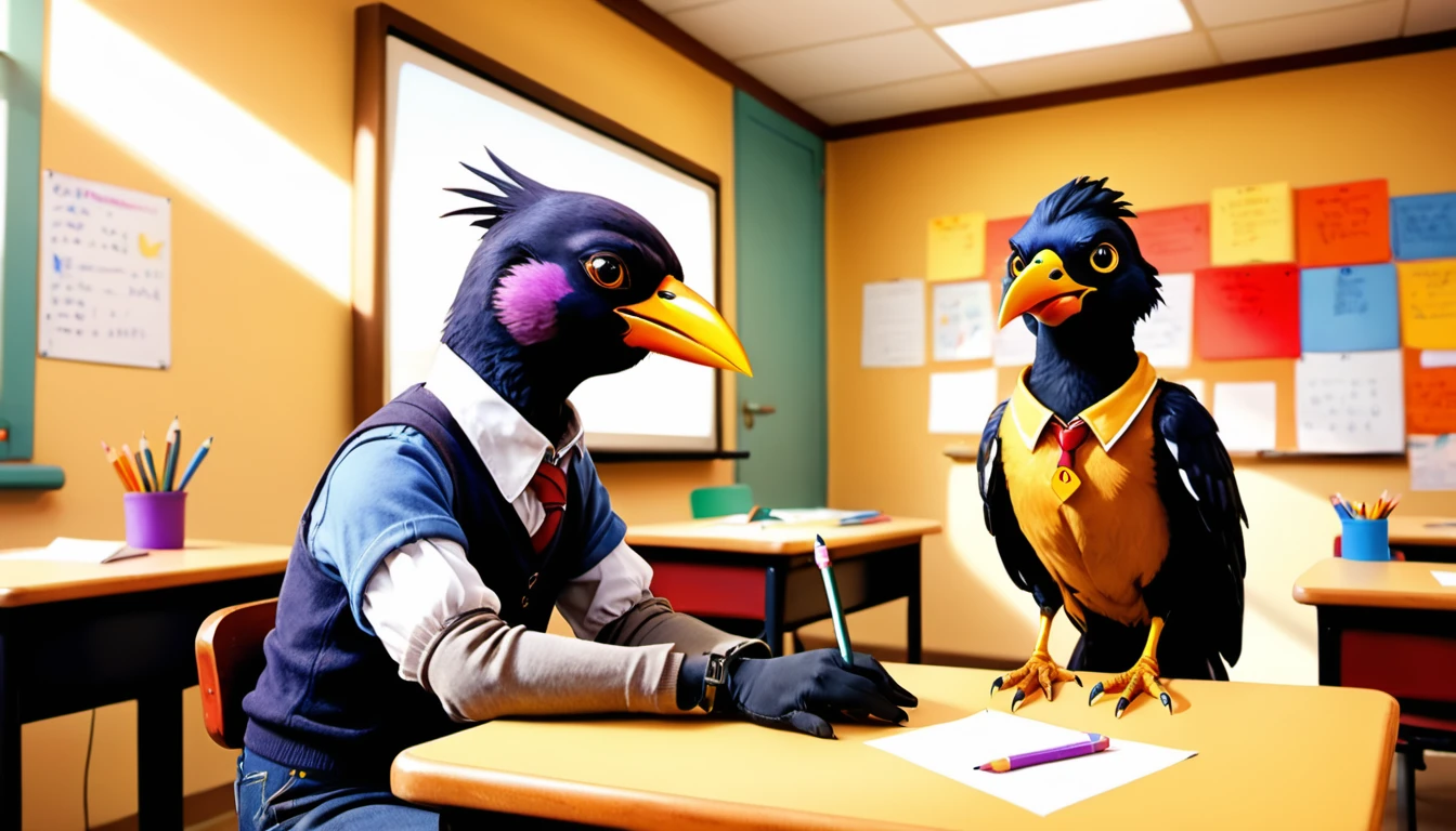 (photo film style), anthropomorphic, cute mynah bird, colorful , school classroom, getting advice from teacher, (((studying))), 2D, colorful, warm atmosphere, shiny, Jean-Baptiste Monge style, Alan Lee style