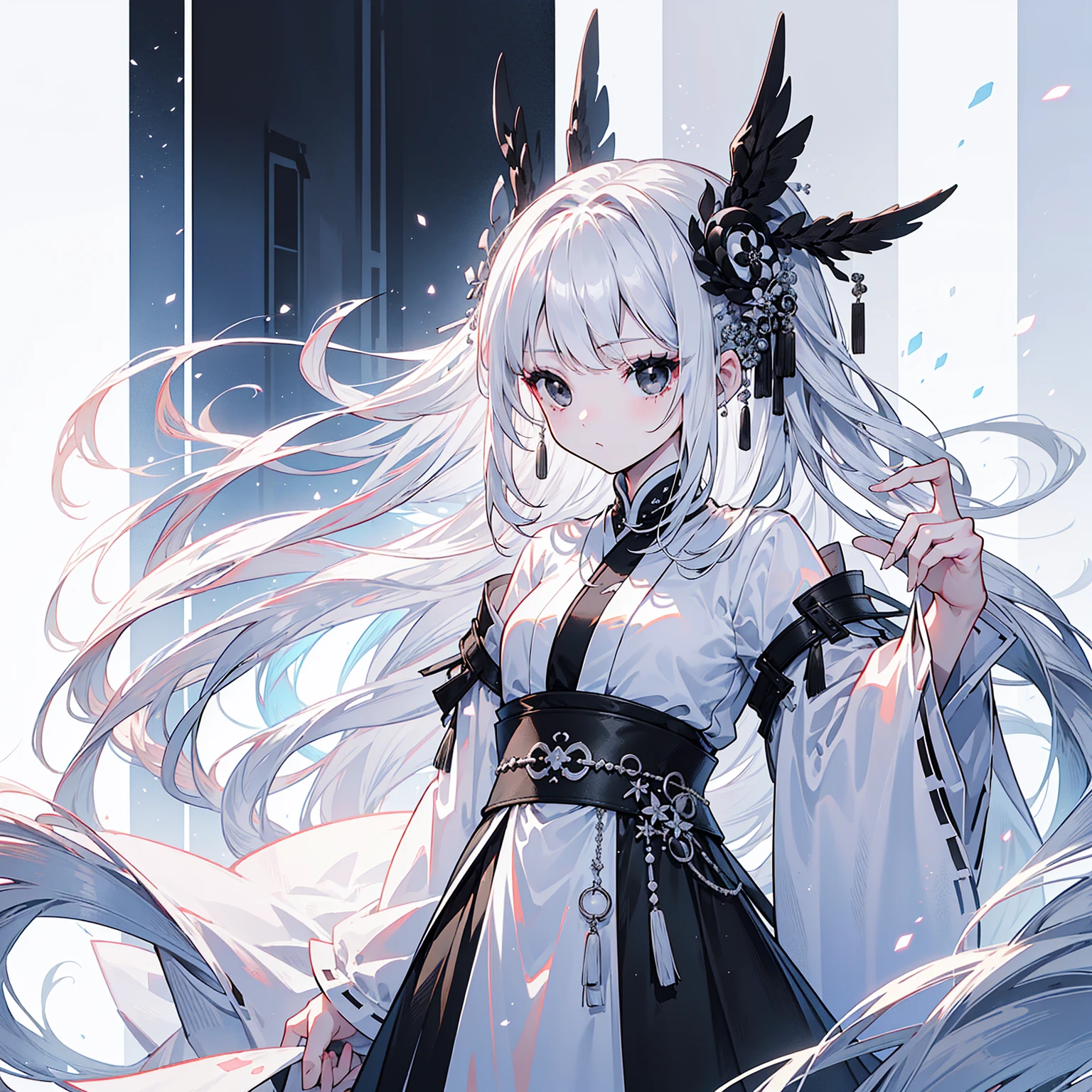 (Top image quality)、(Ultra Detailed)、(Facing forward)、top quality、masterpiece、(((1 girl)))、Silver Hair、white hair、((Long hair))、(black eyes:1.6)、(Hanfu)