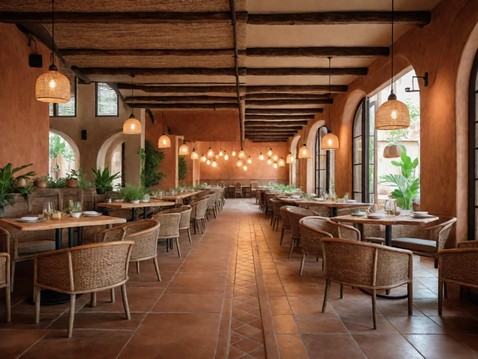 Restaurant interior, clay walls, natural clay columns, rustic wooden tables, rustic chairs, handcrafted look, natural textures, soft lighting, clay pendant lights, potted plants, greenery, cozy, welcoming, masterpiece, (realistic:1.2) 8k uhd, dslr, soft lighting, high quality