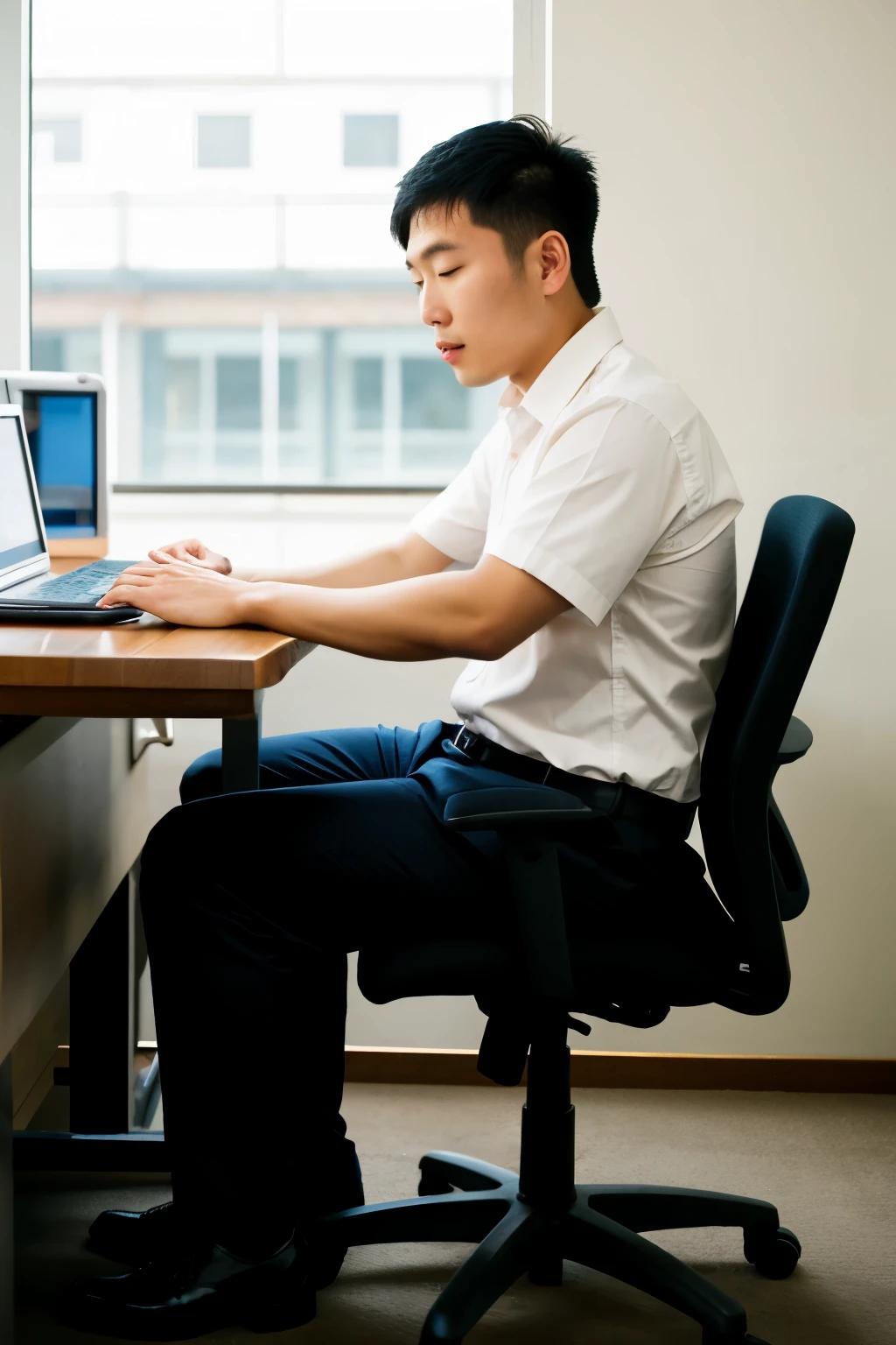 An Asian man working overtime