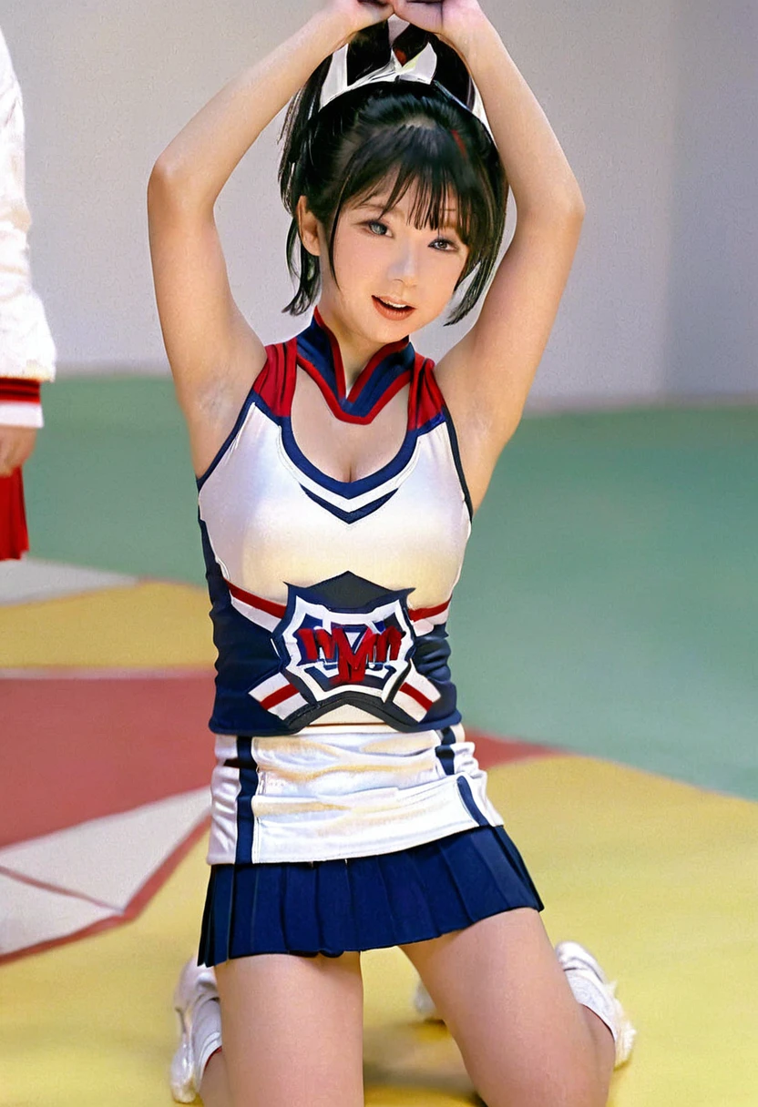 Young girl in cheerleading uniform　Small breasts　Kneeling with the crotch open　An erect and exposed clitoris　Short twin tail hairstyle　Japanese　Plump areola　Big erect nipples　Blushing in sexual climax　Squirting　Breast milk squirting