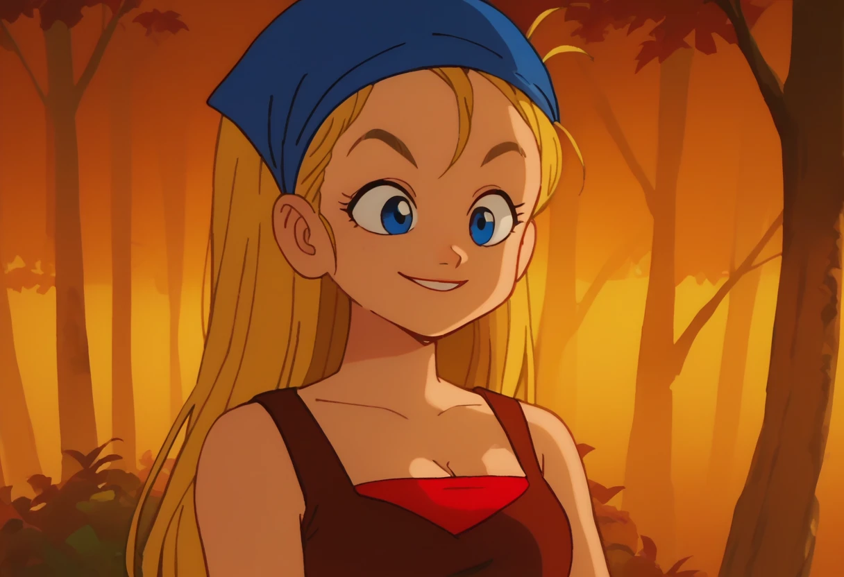 anime screencap,drgbls1,1girl,solo, yellow eyes,score_9, score_8_up, score_7_up, score_6_up, forest, upper body, lindsaytd,  blue eyes, blonde hair, long hair, blue bandana, cleavage, red undershirt, brown tank top, smile
