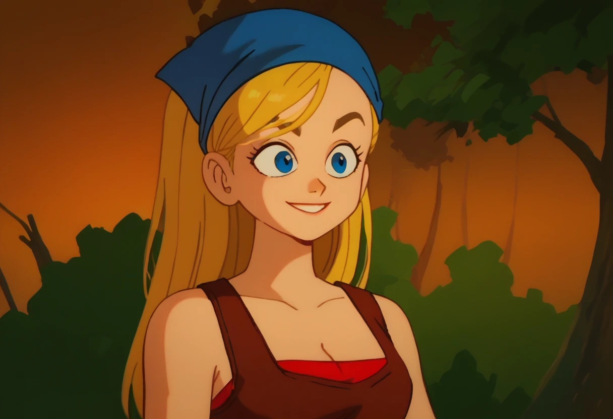 anime screencap,drgbls1,1girl,solo, yellow eyes,score_9, score_8_up, score_7_up, score_6_up, forest, upper body, lindsaytd,  blue eyes, blonde hair, long hair, blue bandana, cleavage, red undershirt, brown tank top, smile
