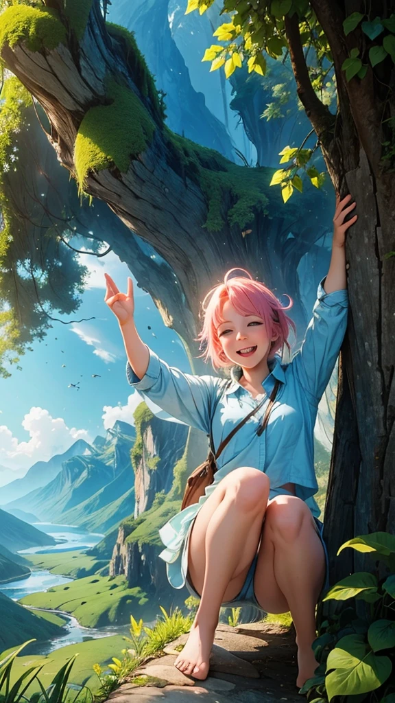create an image of a very happy person in contact with nature