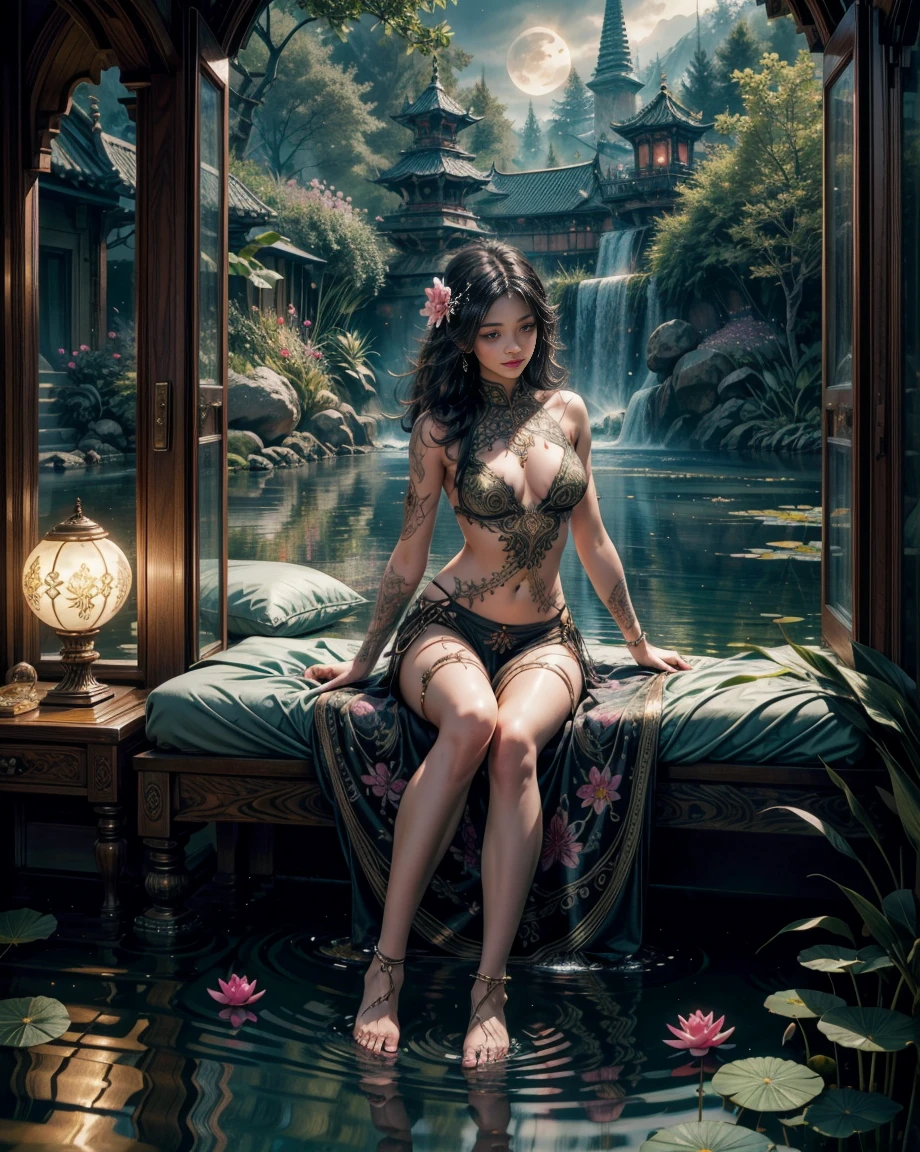 (masterpiece), best quality, expressive eyes, perfect face, 1 sexy girl in forest dress, flowers, leaves, Mandala, fractal, Sleeping Beauty, full body BellaðĶ, beautiful sleeping girl, room with mirror, girl sleeping in the bed and sheets, old clock and lamp on the table, full body, black hair, transparent clothes, sexy legs, view of pubic hair, 1 sexy girl in transparent forest clothes, exposed breasts, open transparent t-shirt, tattoos of mandalas and flowers , best quality, masterpiece, illustration, very delicate and beautiful, very detailed, CG, unity, 8k wallpaper, ridiculous, huge file size, very wide lens, soft light, slight smile, view of the man's exposed breasts pubic hair, mandala and flower tattoos, Best quality, Full body, Nude summer, Full tattoo, (Masterpiece, Top quality, Best quality, Official art, Beautiful and aesthetic: 1.2), (1 flower), Full body, Extremely detailed, (Fractal art: 1.3), colored, more detailed, "Best quality", "Masterpiece, Sakimichan style art, black hair fused with platinum and gold, naked girl, beautiful visible pubic area, pink breasts, small breasts at the view, water pond in the garden, old floating clock, lamp, lantern, skin wet with water, floating bed in the pond, beautiful girl lying on the bed, fantasy, view from above, floating bed in the pond, temple interior flooded, night light, full moon, deep fantasy dream, clothes melted in pond water, black hair with gold and platinum reflections, pink weights, toes submerged in water,, official art, unity 8k wallpaper, ultra detailed, beautiful and aesthetic, beautiful, masterpiece, best quality, (zentangle, mandala, tangle, entangle), (ecstasy of flower:1.2) dynamic angle, the most beautiful form of chaos, elegant, a brutalist designed, vivid colours, romanticism, Background withïžpondsïžCherry blossom forestïžlotus flowerïžLie underwaterïžseen from the frontïžïž mostly cloudy sky,ïžVery detailed CG unity 8K wallpaper),