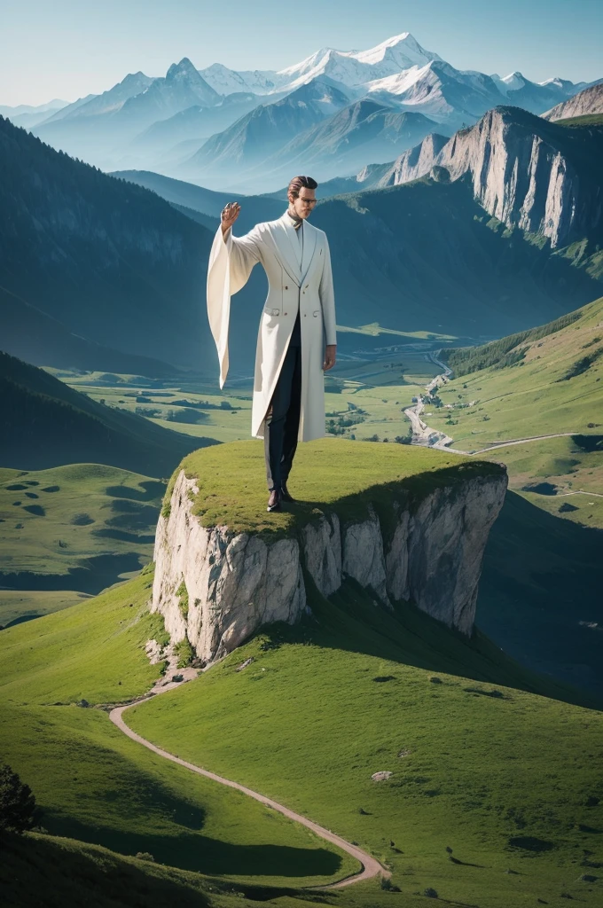 Generate an image that represents self-development and personal growth, In this image there must be a tall and elegant man, in front of a beautiful landscape of nature, This man has an empowered look and appears to be at peace and well with himself. He appears to have achieved everything he wanted in life and feels fulfilled..
observation: This image must be extremely realistic, as if it were a real photo, no artistic features. And this image needs to be current or futuristic but cannot be from the past 