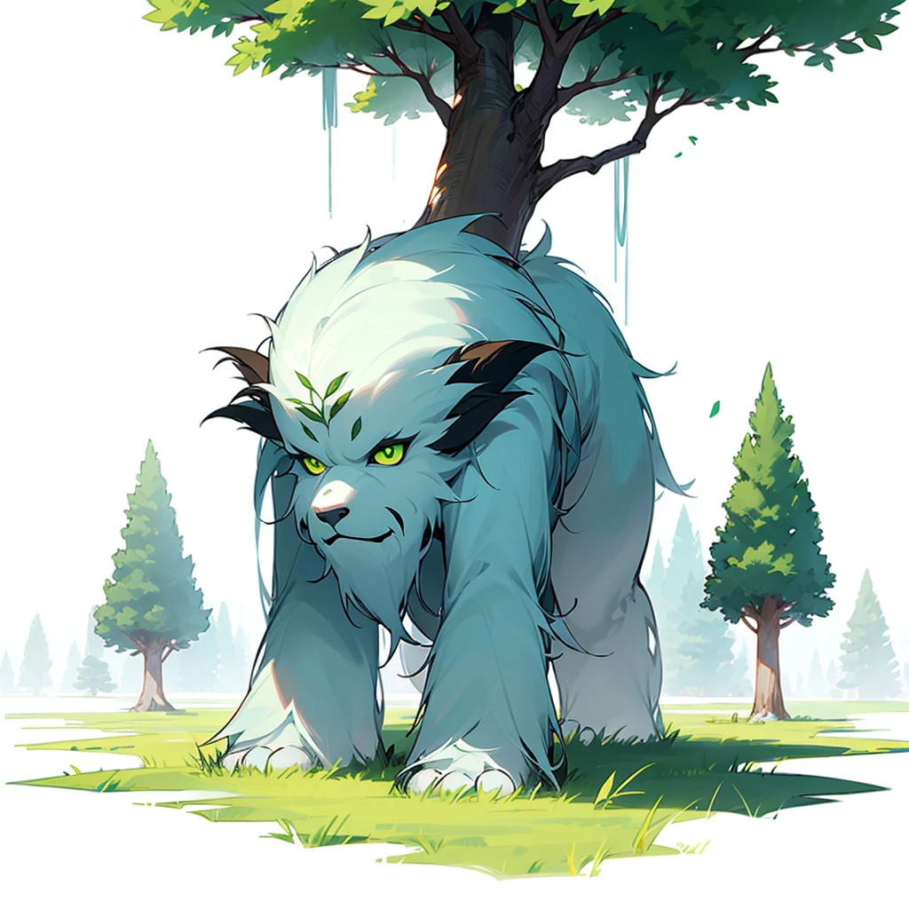 (Random evolusion trees mixed with huge yeti), big Evolusion, mixed with grass, mixed with twigs, white skins, gold,(green eyes), Grassroots, no background