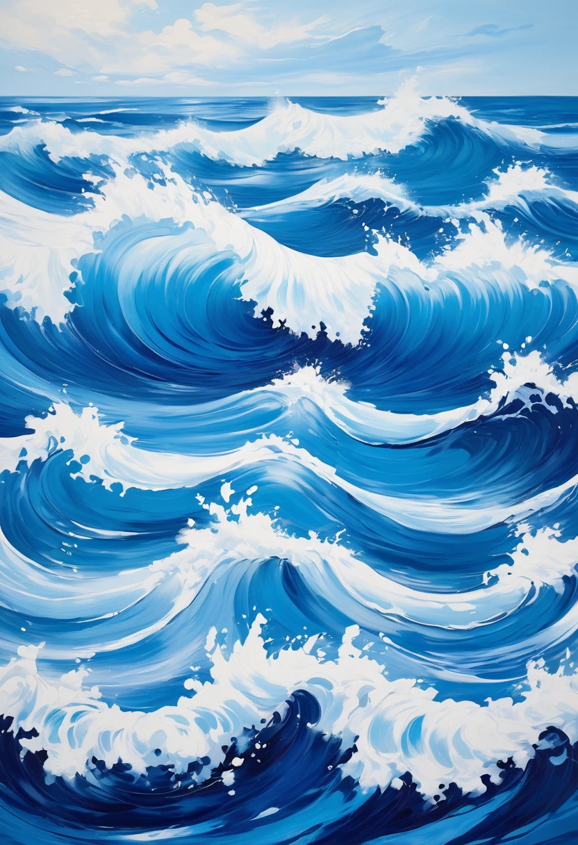 Full of art，Thick bright oil paint，Blue waves，White waves，Top view，The waves fill the entire screen，modern minimalism，artwork，Show love for life，Blue and white