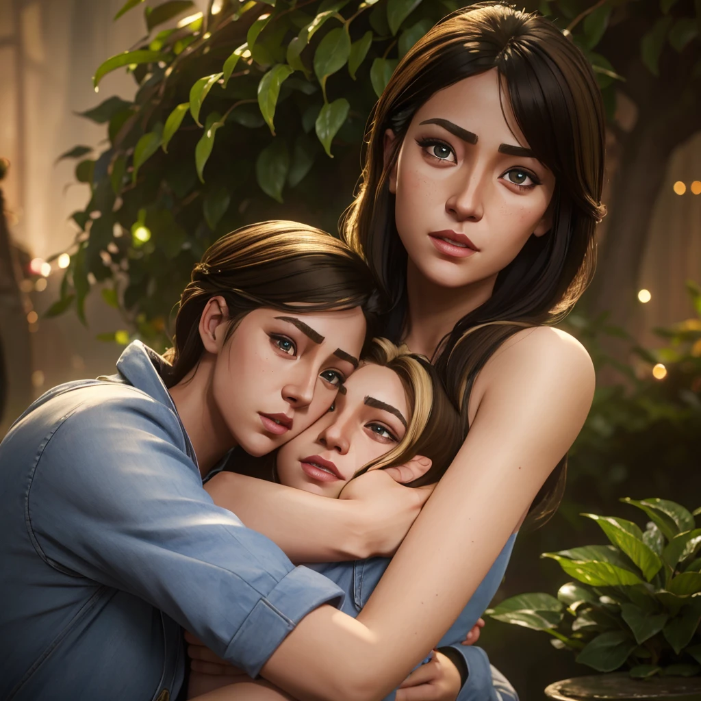 a girl with bangs hugging a blonde guy and a black-haired guy, detailed facial features, beautiful detailed eyes, beautiful detailed lips, extremely detailed eyes and face, long eyelashes, photorealistic, lush detailed garden environment, beautiful lighting, vibrant colors, romantic scene, best quality, 8k, highres, masterpiece, ultra-detailed, realistic, photo-realistic, HDR, studio lighting, professional, vivid colors, bokeh