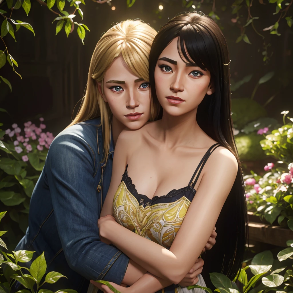 a girl with bangs hugging a blonde guy and a black-haired guy, detailed facial features, beautiful detailed eyes, beautiful detailed lips, extremely detailed eyes and face, long eyelashes, photorealistic, lush detailed garden environment, beautiful lighting, vibrant colors, romantic scene, best quality, 8k, highres, masterpiece, ultra-detailed, realistic, photo-realistic, HDR, studio lighting, professional, vivid colors, bokeh