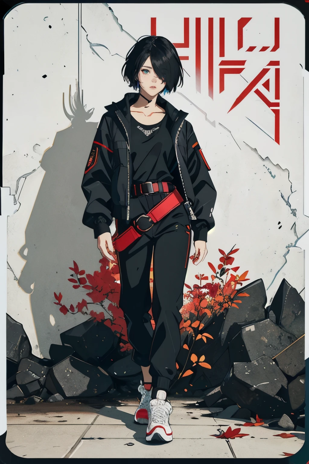 a beautiful detailed japanese girl, voluminous black emo hair,yellow pupil eyes,cyberpunk style all-black clothes,red neons,military details,semi-realistic,(best quality,4k,8k,highres,masterpiece:1.2),ultra-detailed,(realistic,photorealistic,photo-realistic:1.37),concept art,work of art, soldier with jacket cyberpunk, young emo girl, Bangs on one eye, Do the full body, in the middle of a japan cyberpunk city, semi realistic game graphics, Behind Make a tree with red leaves, the leaves fluttering in the wind, at night completely black clothes, neon red LED black sneakers similar all star, With a red LED light sole, with a double belt, attached to the belt. Inside the Jacketa, a tight space black shirt, black technological pants with military holsters, On the jacket on the side of the chest, the symbol of a black hole is drawn, on the arm the word Nimrod is written. Semi realistic, highlight the yellow eyes
