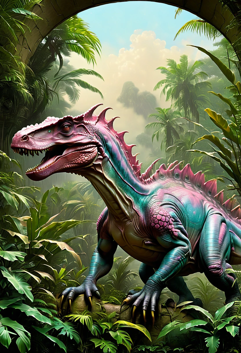 Pink Dinosaur, dynamic, by Martin Johnson Heade, best quality, masterpiece, very aesthetic, perfect composition, intricate details, ultra-detailed
