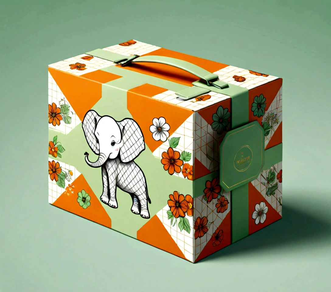 Beautifully designed flat rectangular gift box with handle, carrying handle, in the style of English checkered, exuberant flowers, geometric lines, minimalist, modern, high end, cute, color blocking, floral motifs, a logo of a cute little elephant, orange and light green, illustration, cartoon, geometric style, beautifully detailed, flat color vector design style,...