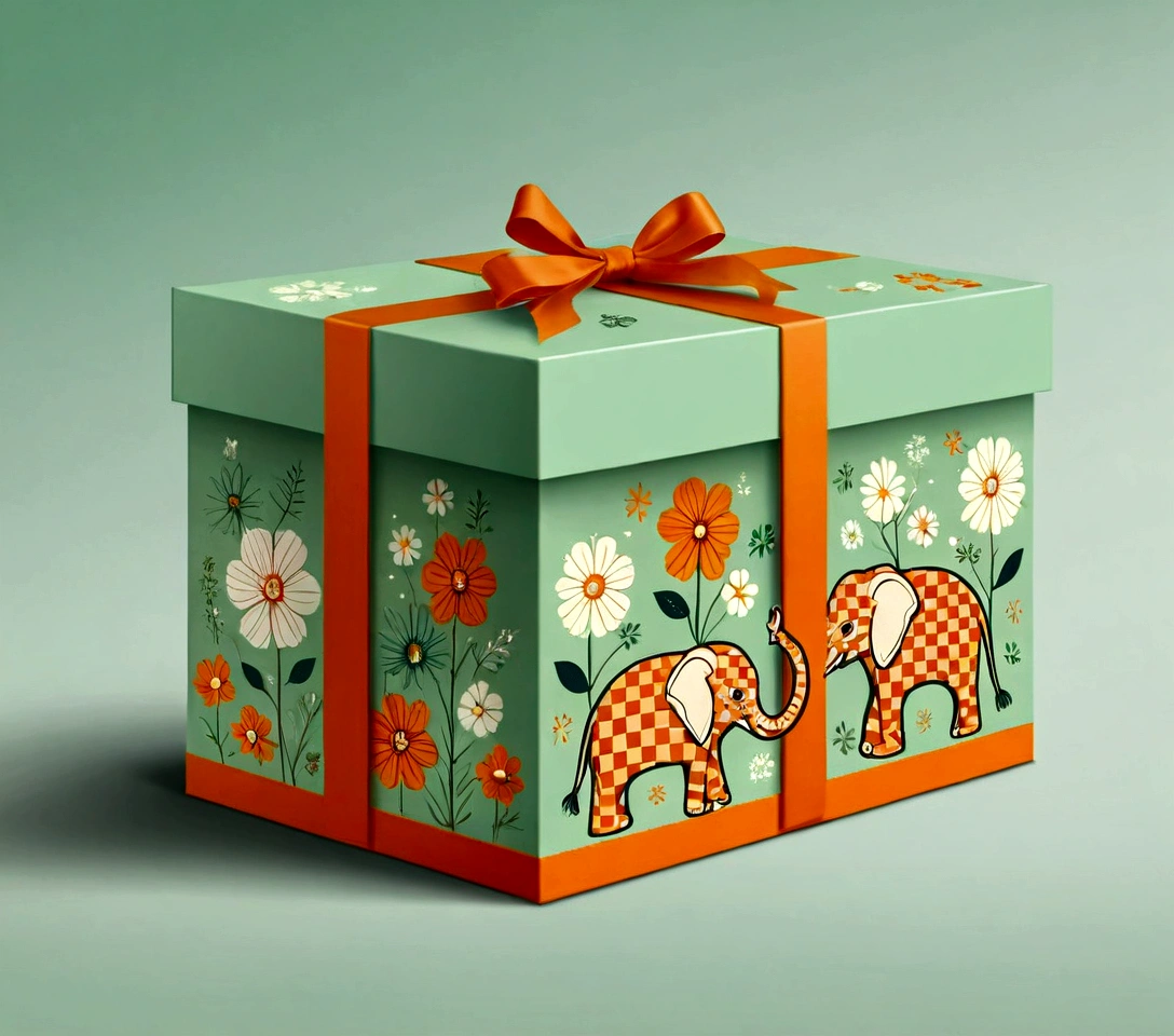 Beautifully designed flat rectangular gift box with handle, carrying handle, in the style of English checkered, exuberant flowers, geometric lines, minimalist, modern, high end, cute, color blocking, floral motifs, a logo of a cute little elephant, orange and light green, illustration, cartoon, geometric style, beautifully detailed, flat color vector design style,...