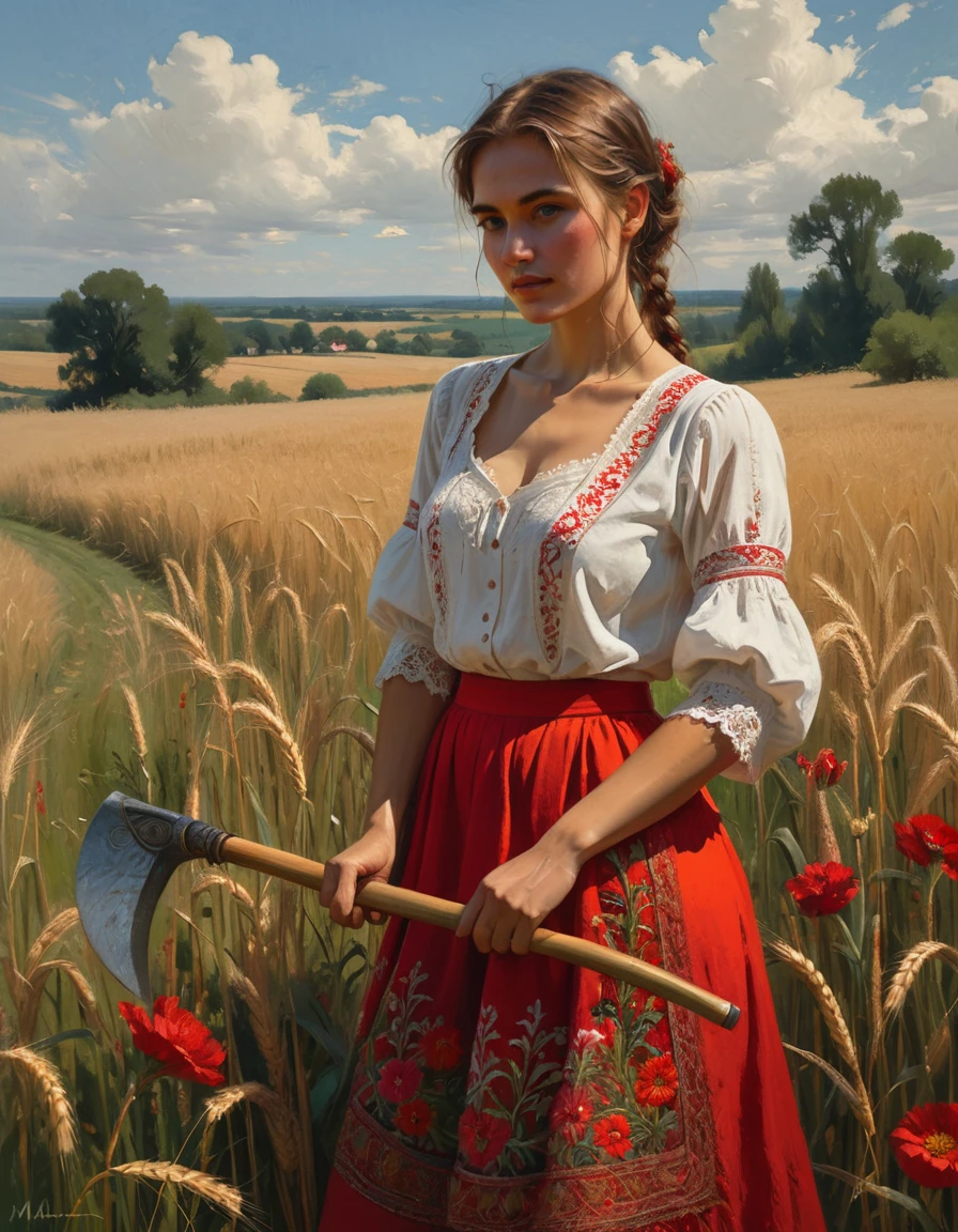 A painting of a woman holding a scythe in a field, by Slawomir Maniak, bohemian style, drawn in the style of mark arian, render of a delicate white muslin blouse with ornate lace embroidery, ::a vibrant red embroidered folkloric skirt blooms with intricate floral patterns, plains, wheat, by Michael Malm, pastoral themed, embroidered muslin clothes, artist - phil moss, award winning painting
