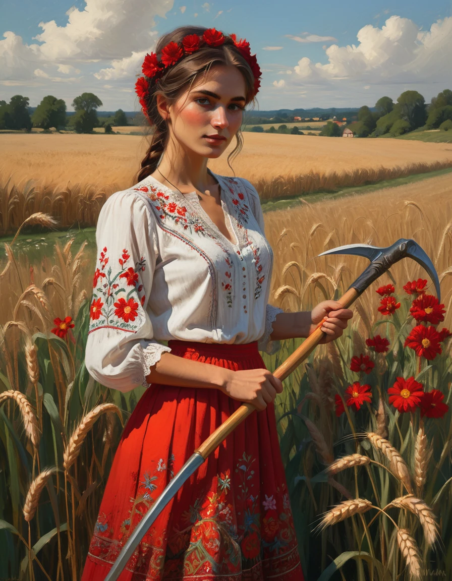 A painting of a woman holding a scythe in a field, by Slawomir Maniak, bohemian style, drawn in the style of mark arian, render of a delicate white muslin blouse with ornate lace embroidery, ::a vibrant red embroidered folkloric skirt blooms with intricate floral patterns, plains, wheat, by Michael Malm, pastoral themed, embroidered muslin clothes, artist - phil moss, award winning painting