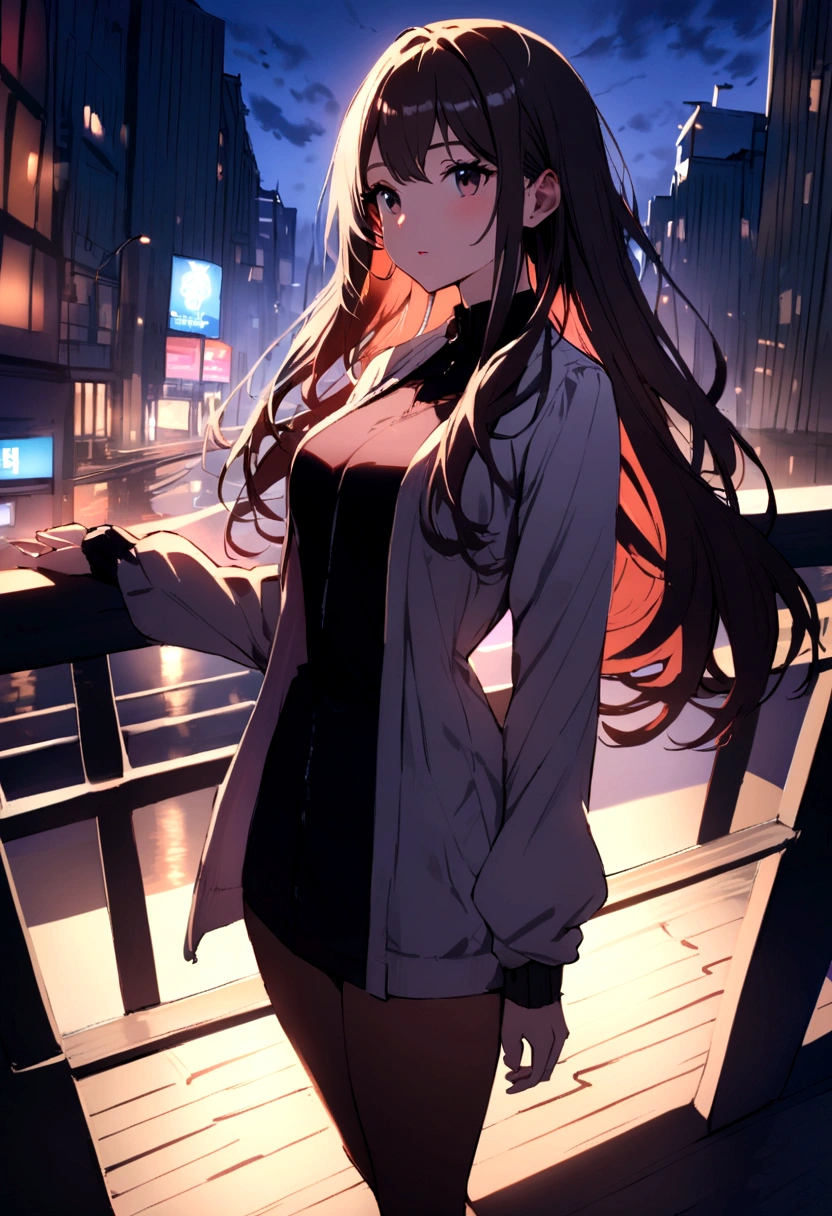 Beautiful girl with long hair in the city on the bridge