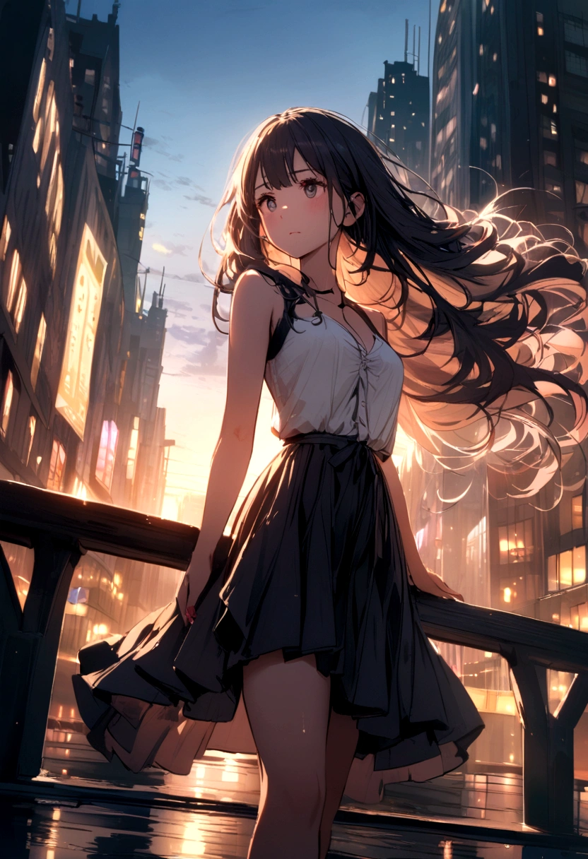 Beautiful girl with long hair in the city on the bridge