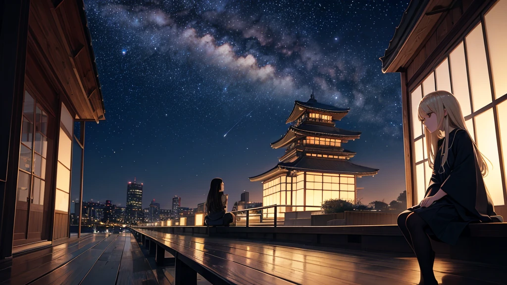 Octane, null, star (null), scenery, starry null, night, One girl, night null, alone, Outdoor, building, cloud, milky way, Sitting, wood, Long Hair, city, silhouette, cityscape 、Blonde、Japan