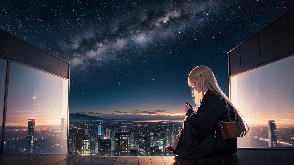 Octane, null, star (null), scenery, starry null, night, One girl, night null, alone, Outdoor, building, cloud, milky way, Sitting, wood, Long Hair, city, silhouette, cityscape 、Blonde、Japan