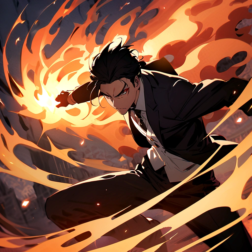 (best quality), oriental detailed background, one man wearing a black suit has flame power