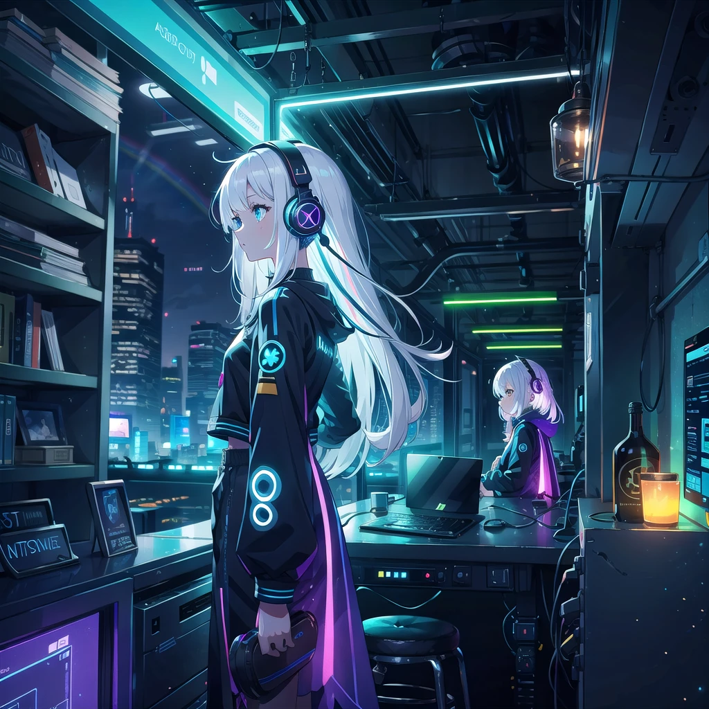 girl medium length hair, White hair, hair with rainbow ends, blue colored eyes, headphone with led, futuristic roup, lo-fi, looking away, studying