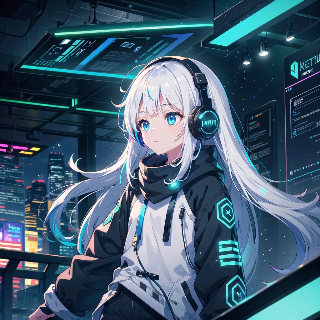 girl medium length hair, White hair, hair with rainbow ends, blue colored eyes, headphone with led, futuristic roup, lo-fi, looking away, studying