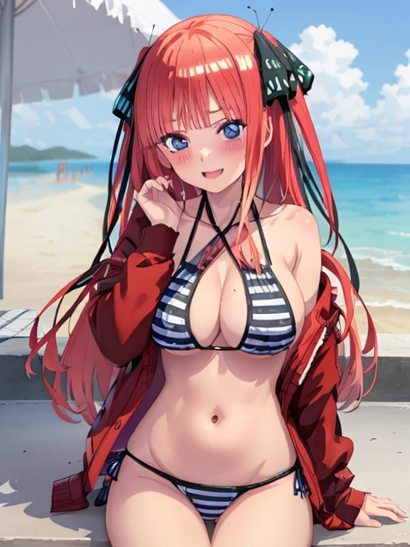 best quality, insanely detailed, nino nakano, breasts, swimsuit, halterneck, striped, flower print