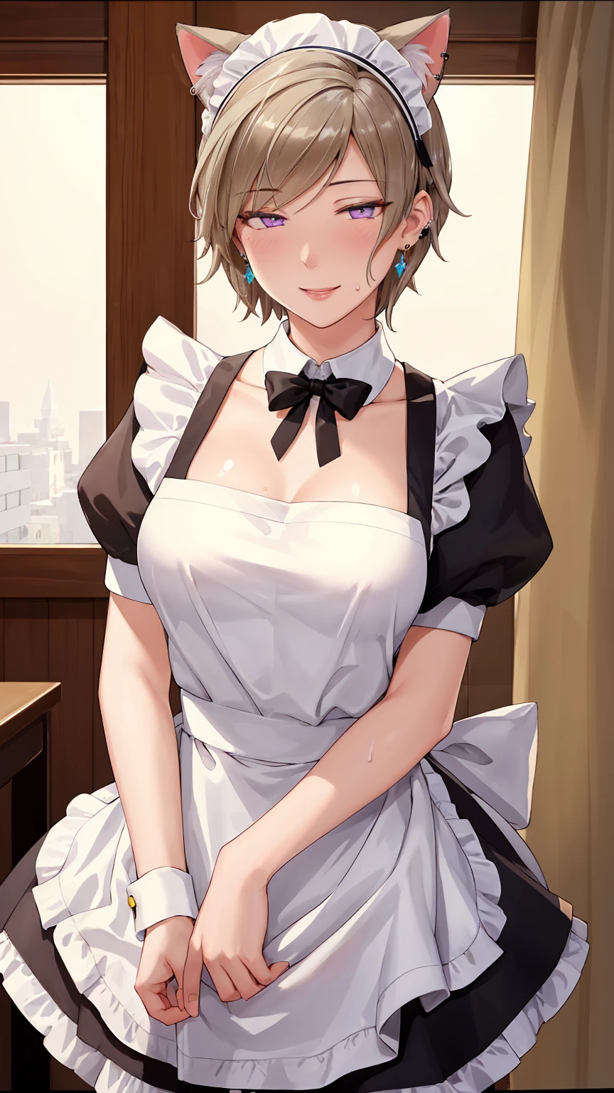 ((((masterpiece, Highest quality, High resolution)))), Extremely detailed 8K, Beautiful girl with a voluptuous body, (Ultra HD, Super detailed, Very detailed, Very realistic, Ultra-realistic, Photo Real), (One girl:1.5), (Realistic white hair), (Short Wavy Hair, hair ornaments, Earrings), (Dynamic pose), To the camera, View your viewers, (blush, Embarrassing, smile), (Purple eyes, Sharp eyes), (Firm breasts:1.2), (Beautifully detailed face, Beautiful attention to detail), ((Maid clothes, Maid Apron, Cat Ear Headband)), (detailed pussy), (stand up), Sweat, shine, (Sunbeam, sunlight), ((Cowboy Shot)), coffee shop, ((Highest quality、High resolution))、Portraiture、Perfect body、Beautiful and bountiful breasts、Sexually excited expression、((throw、maid shows pussy))、Love Juice、I'm inviting you to have sex