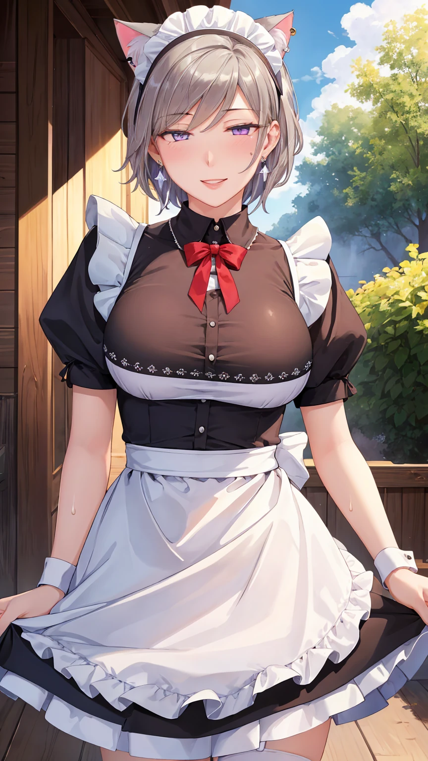 ((((masterpiece, Highest quality, High resolution)))), Extremely detailed 8K, Beautiful girl with a voluptuous body, (Ultra HD, Super detailed, Very detailed, Very realistic, Ultra-realistic, Photo Real), (One girl:1.5), (Realistic white hair), (Short Wavy Hair, hair ornaments, Earrings), (Dynamic pose), To the camera, View your viewers, (blush, Embarrassing, smile), (Purple eyes, Sharp eyes), (Firm breasts:1.2), (Beautifully detailed face, Beautiful attention to detail), ((Maid clothes, Maid Apron, Cat Ear Headband)), (detailed pussy), (stand up), Sweat, shine, (Sunbeam, sunlight), ((Cowboy Shot)), coffee shop, ((Highest quality、High resolution))、Portraiture、Perfect body、Beautiful and bountiful breasts、Sexually excited expression、((throw、maid shows pussy))、Love Juice、I'm inviting you to have sex