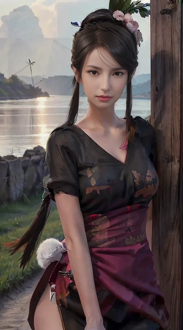 Beautiful girl, smile, short hair, bust up, open chest clothes, pants, glossy skin, cleavage, poses that show off cleavage, sexy,, brown eyes, white shirt