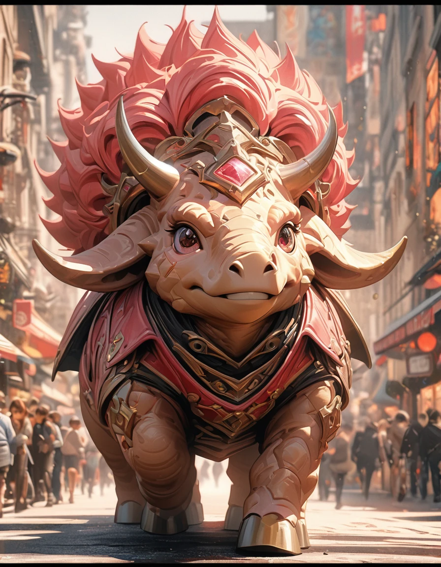 Full body portrait,Low Angle View,Pink Triceratops,Q version,Cute and adorable,Cartoon,Oil painting effect,Snapshot aesthetic style , Extreme detail,Rich details,OC Renderer,8K,Super Fine,Hyperrealism,masterpiece,Rich in details
