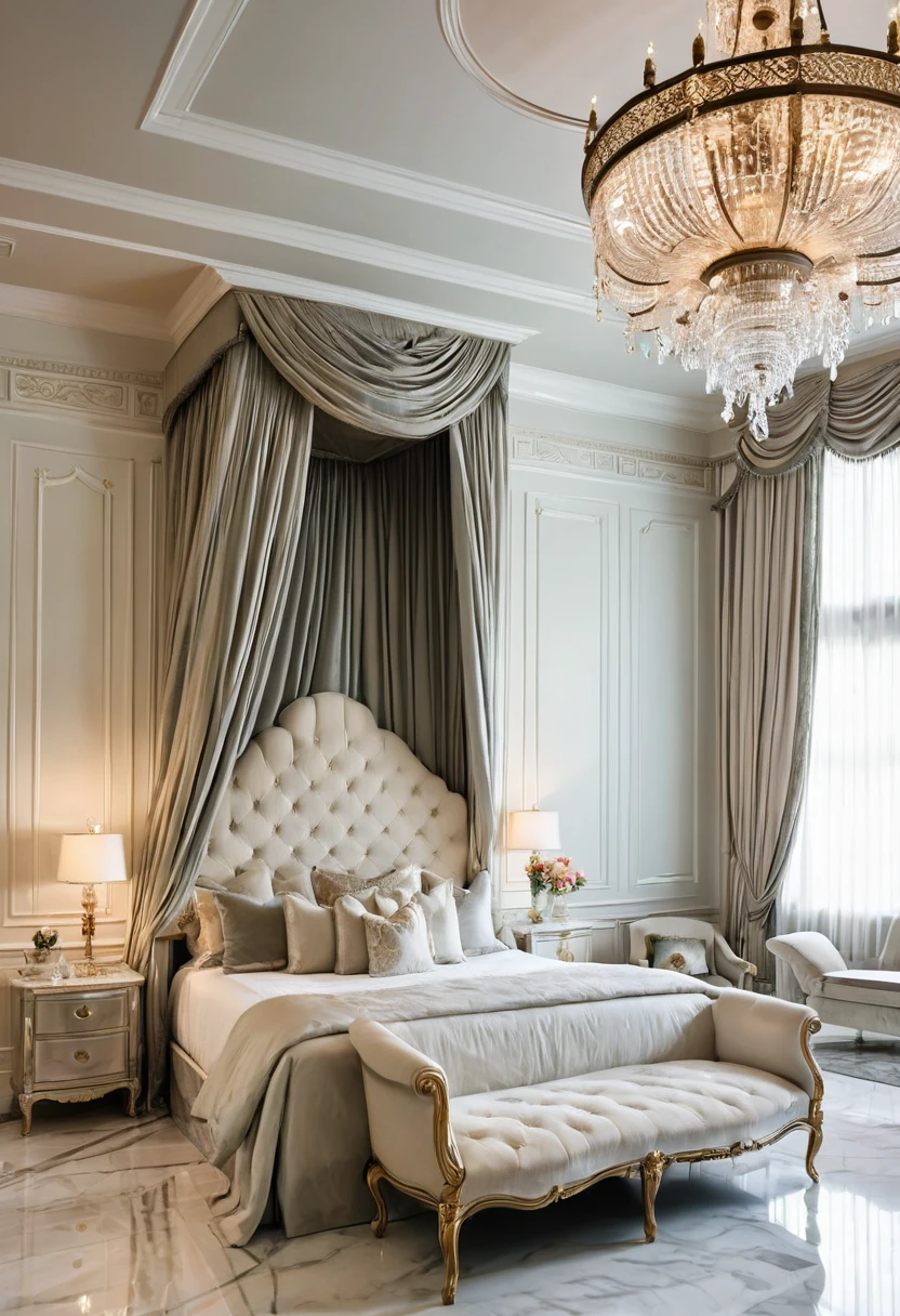 A luxurious bedroom, awash in a soft, ethereal glow, exudes an air of refined elegance. The grand bed, draped in plush linens and accented with a dramatic headboard, invites restful slumber. The intricate details of the room's design, from the ornate chandelier to the marble flooring, create a sense of timeless sophistication.