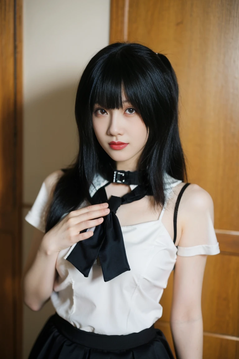 best quality, tmasterpiece,Ultra-high resolution,Clear face,(Reality:1.4),ferpect lighting,(upper body photo:1.5), (photorealistic:1.50), anime wallpaper, Guviz style artwork, cover-up fantasy up to magic , by Yang J, Guviz, beautiful artwork illustration, beautiful digital artwork, beautiful digital illustration, Li Song, beautiful anime portrait, art style in Beauvot, 1girl, indoors, Crazy Saki, masterpiece, best quality, soft lighting, absurdres, looking at viewer, 独奏, ponytail, serafuku, kamisato ayaka (heytea), official art, official alternate costume, kamisato ayaka, blunt bangs, hair bow, hair ribbon, red ribbon, , sailor shirt, sailor collar, pleated skirt, 1girl, skirt, black bow, cate