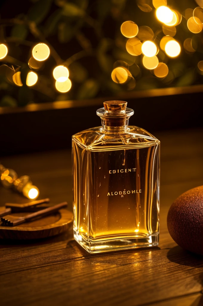 Perfume bottle in a warm atmosphere, earthy colored lights and bright wet touches