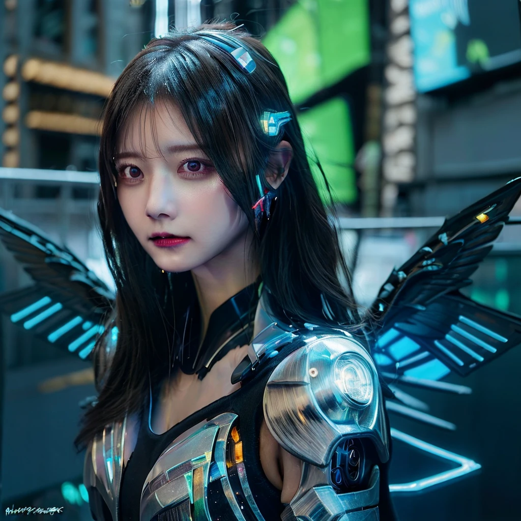 (masterpiece, best quality, 8k:1.2), (fantasy:1.3), 1girl,goddess women, intricate details, Low shutter, (wings,aura:1.2), most beautiful artwork in the world, aesthetics, atmosphere, (neon,cyborg:1.2),(cyberpunk background:1.2), (sparkly:1.2)